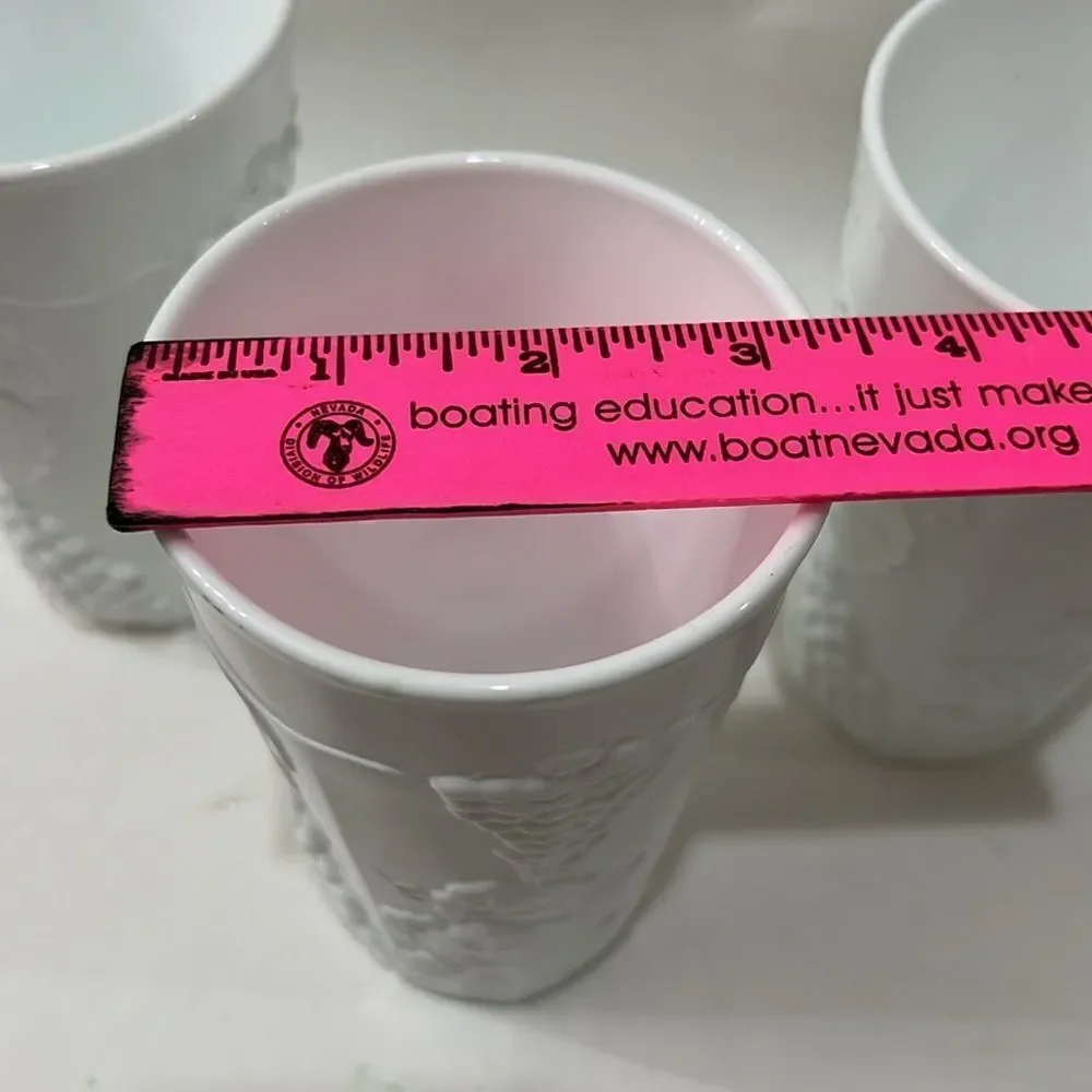 Indiana White Milk Glass Drinking 16 Ounces Glasses Tumblers Raised Grape Leaves